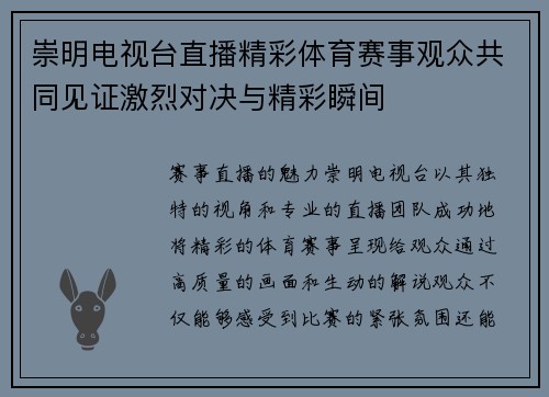 崇明电视台直播精彩体育赛事观众共同见证激烈对决与精彩瞬间